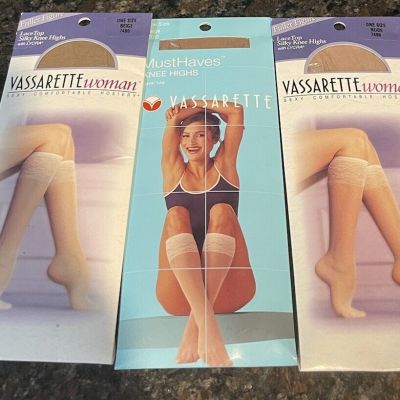 3 pr Vassarette Lace Top Silky Knee Highs with Lycra ~ 2 Plus size, 1 Regular